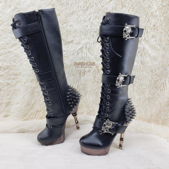 Muerto Goth Punk Bone Heel Spiked Skull Buckle Knee Boots RESTOCKED - Picture 14 of 15